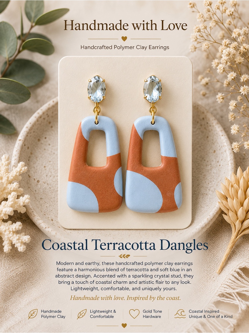 Coastal Terracotta & Light Blue Dangle Earrings - Handmade